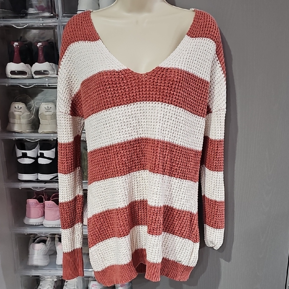 Guess Red and White V-Neck Sweater Nautical Knit